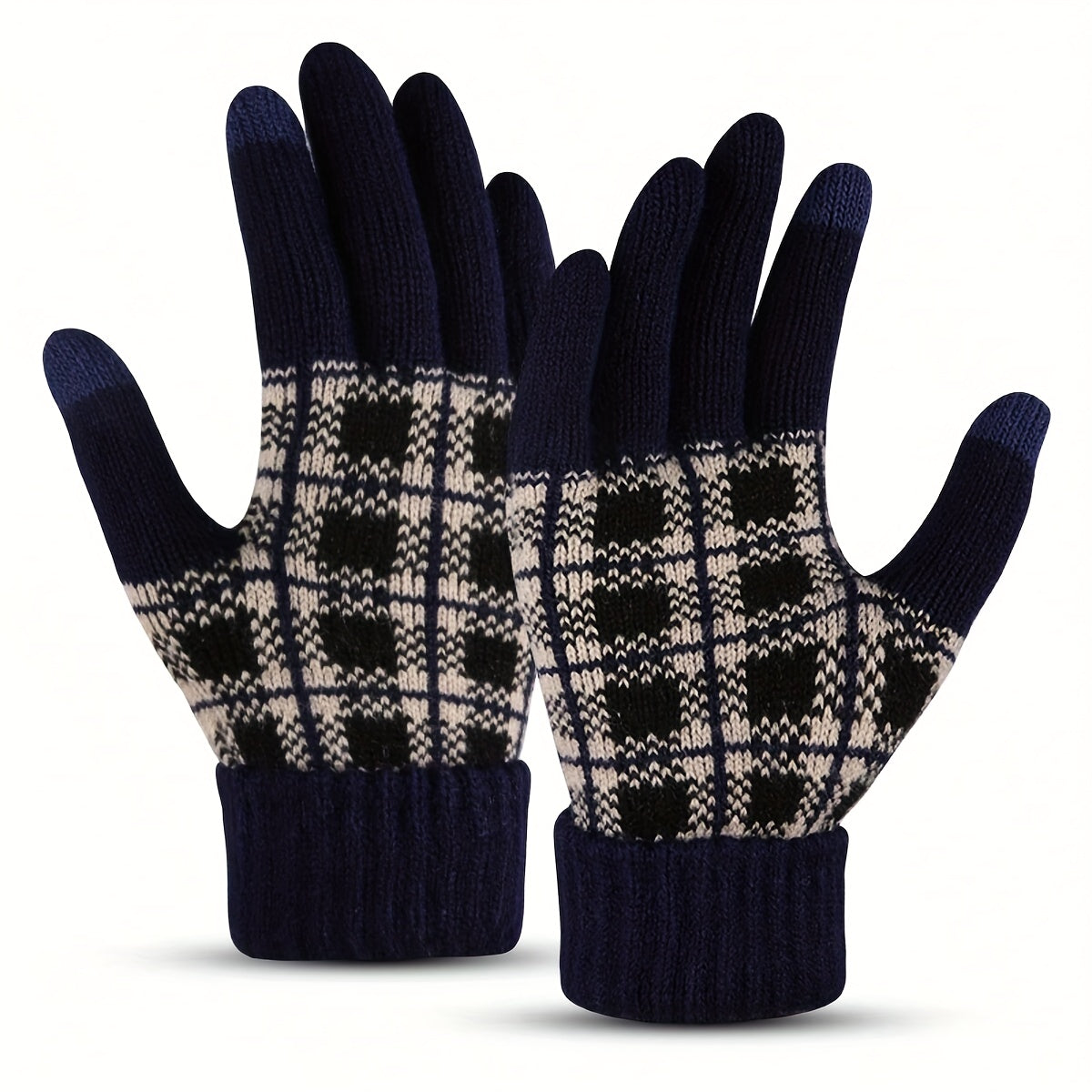 Thickened Full Finger Gloves - Warm, Touchscreen, Windproof, and Coldproof for Weekend Casual Sports - Acrylic Knit with Elasticity and Classic Contrast Color Plaid Design