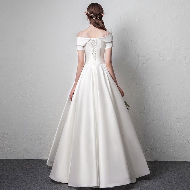 VAKKV Satin Wedding Dress New Summer Bridal Wedding White Simple Princess off-Shoulder Slimming Wedding Dress for Women