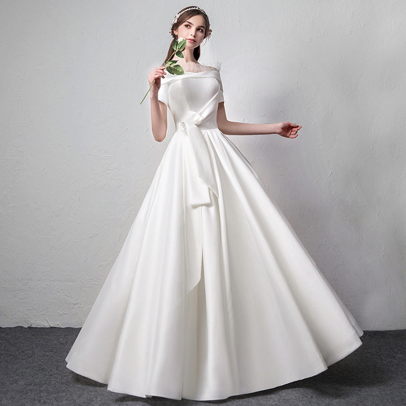 VAKKV Satin Wedding Dress New Summer Bridal Wedding White Simple Princess off-Shoulder Slimming Wedding Dress for Women