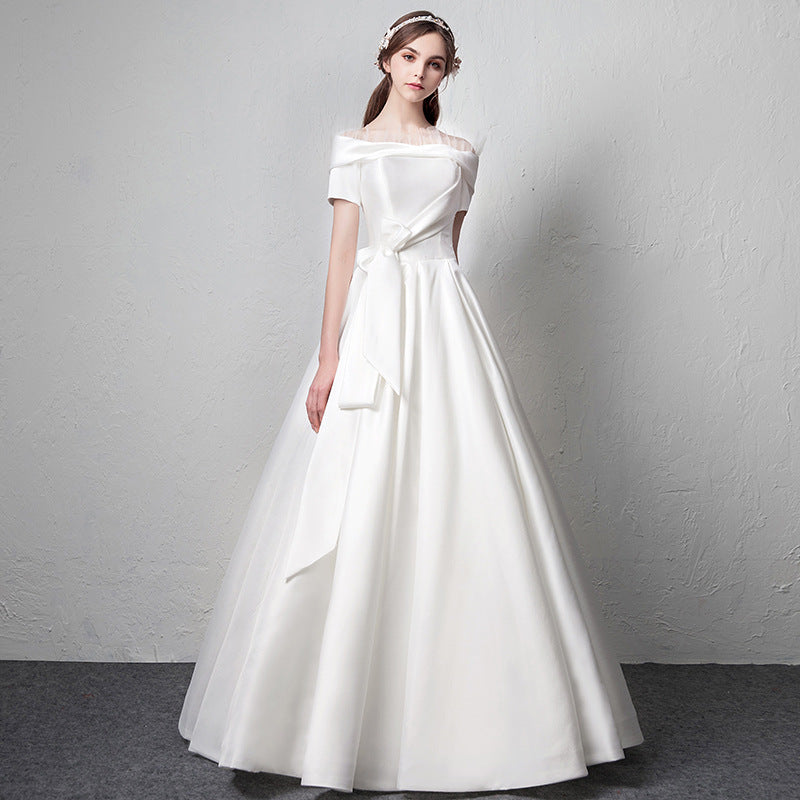 VAKKV Satin Wedding Dress New Summer Bridal Wedding White Simple Princess off-Shoulder Slimming Wedding Dress for Women