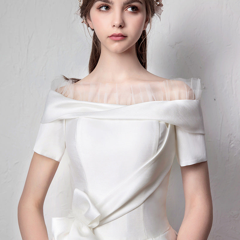 VAKKV Satin Wedding Dress New Summer Bridal Wedding White Simple Princess off-Shoulder Slimming Wedding Dress for Women