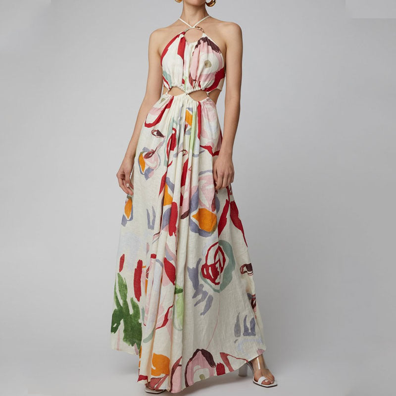 VAKKV Spring and Summer New Women's Clothing European and American New Slim Fit Large Swing Sexy Spaghetti-Strap Floral Print Long Dress Beach Dress Dress