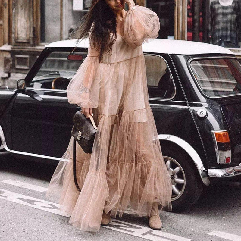 VAKKV Cross-Border Summer New European and American Women's V-neck Fashion Puff Sleeve Mesh See-through Dress Long Dress