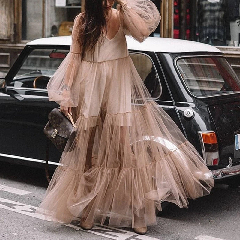 VAKKV Cross-Border Summer New European and American Women's V-neck Fashion Puff Sleeve Mesh See-through Dress Long Dress