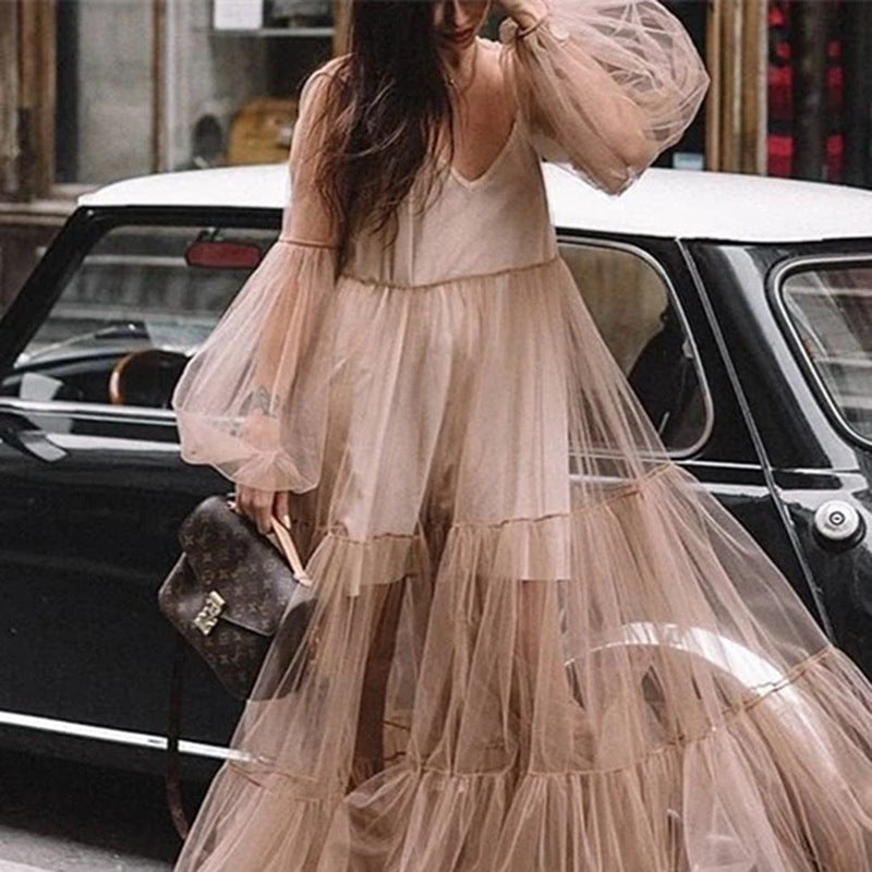 VAKKV Cross-Border Summer New European and American Women's V-neck Fashion Puff Sleeve Mesh See-through Dress Long Dress