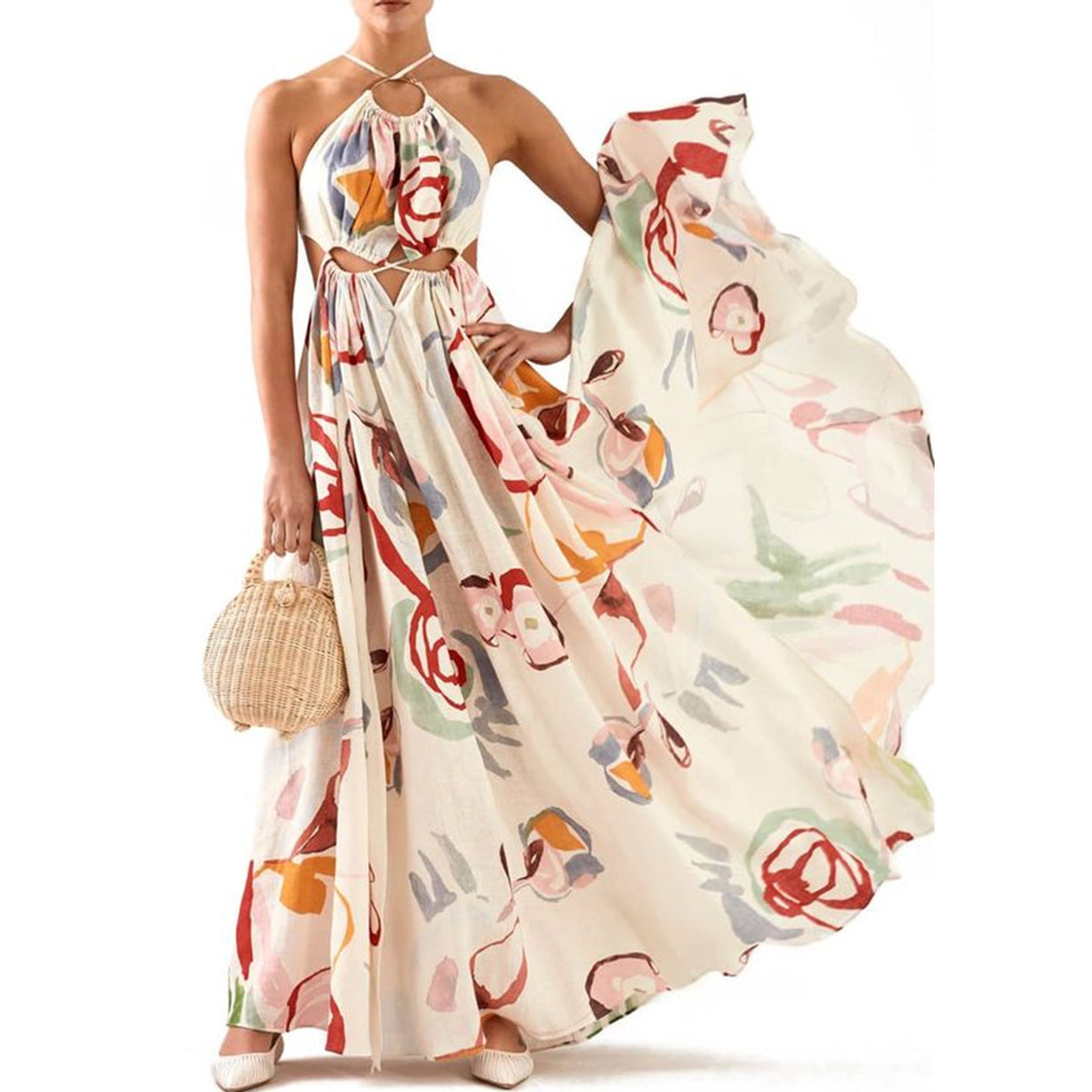 VAKKV Spring and Summer New Women's Clothing European and American New Slim Fit Large Swing Sexy Spaghetti-Strap Floral Print Long Dress Beach Dress Dress