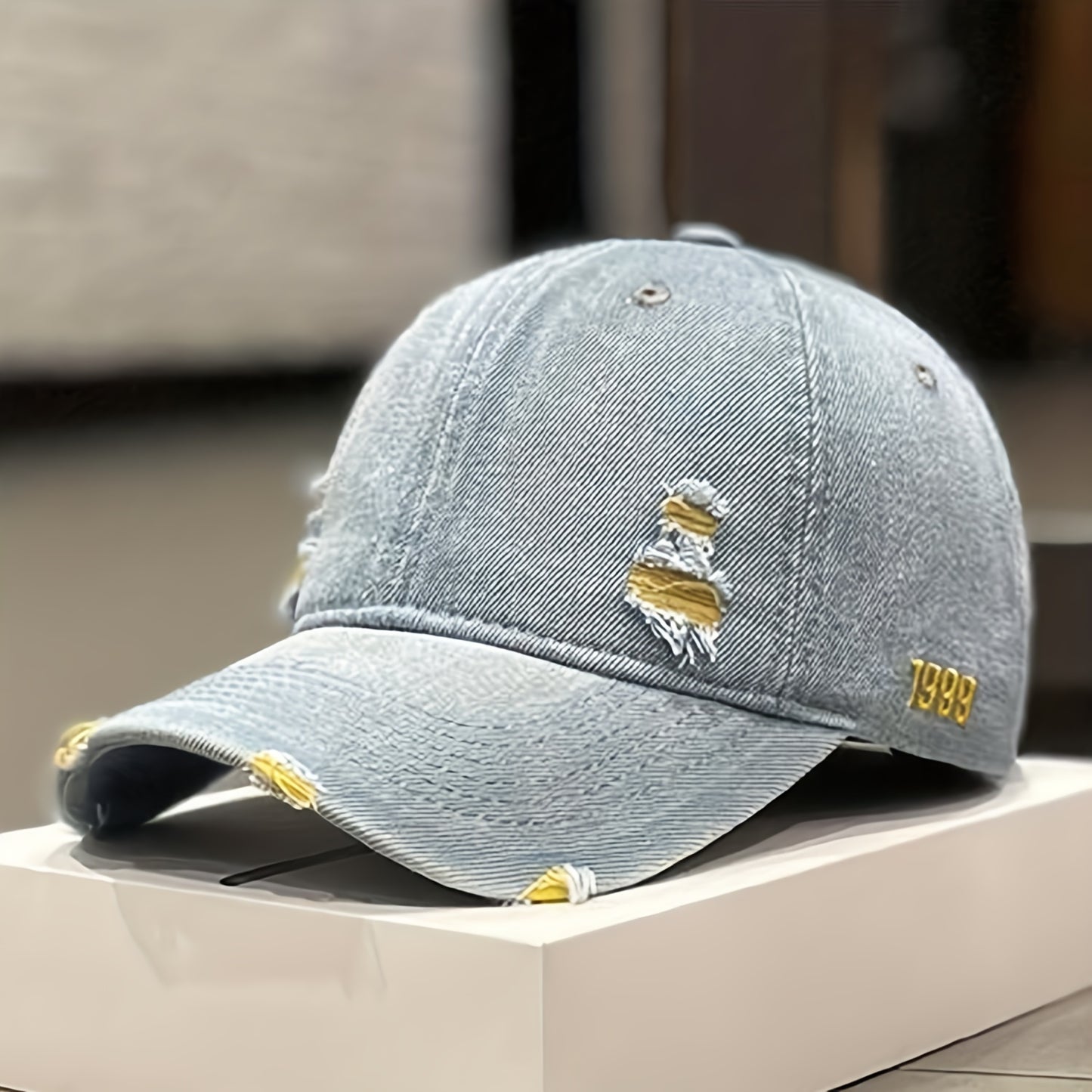 Trendy 1pc Distressed Denim Cap - Rugged Style – Versatile for Casual Wear in Spring to Autumn
