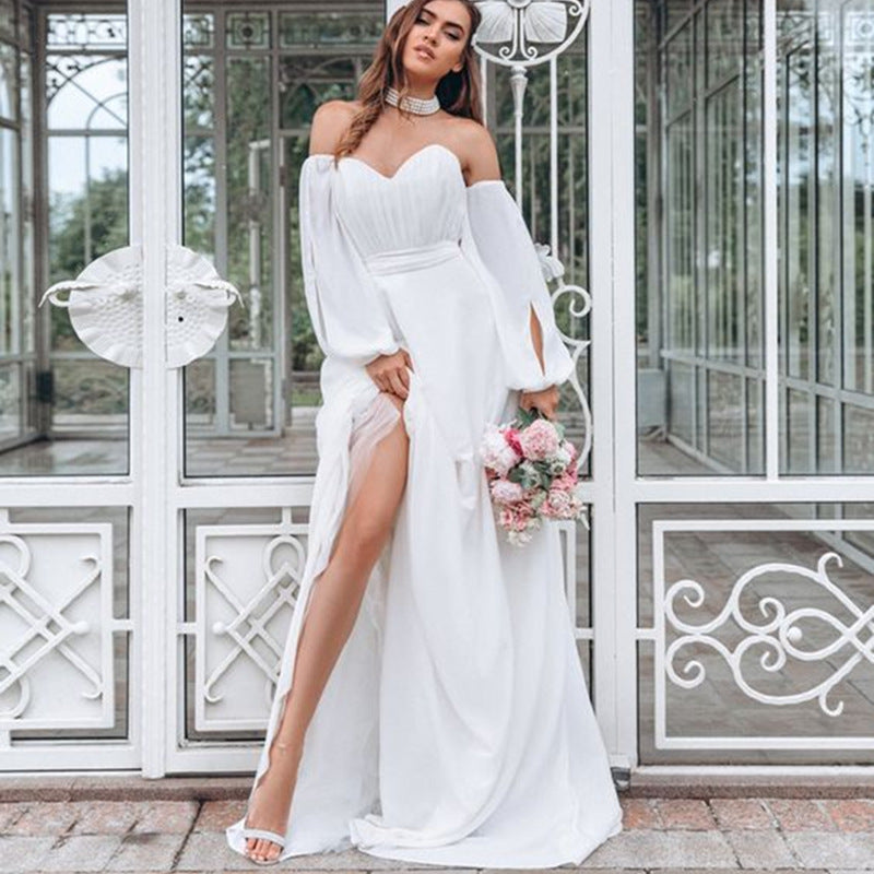 VAKKV Autumn and Winter New Long-Sleeved Banquet Dress off-Shoulder Long Elegant Mid-Waist Chiffon Women's Clothing Dress
