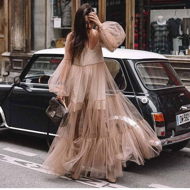 VAKKV Cross-Border Summer New European and American Women's V-neck Fashion Puff Sleeve Mesh See-through Dress Long Dress
