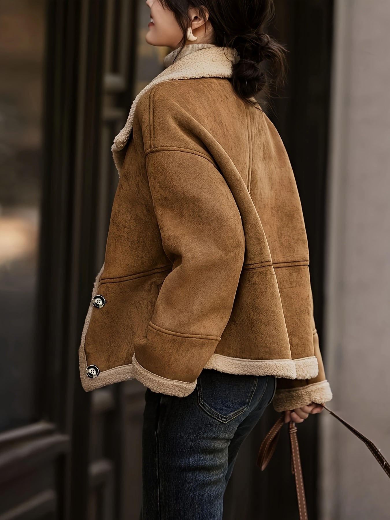 Elegant Women's Brown Faux Suede Coat - Long Sleeve, Open Front with Pockets, Machine Washable - Perfect for Fall/Winter
