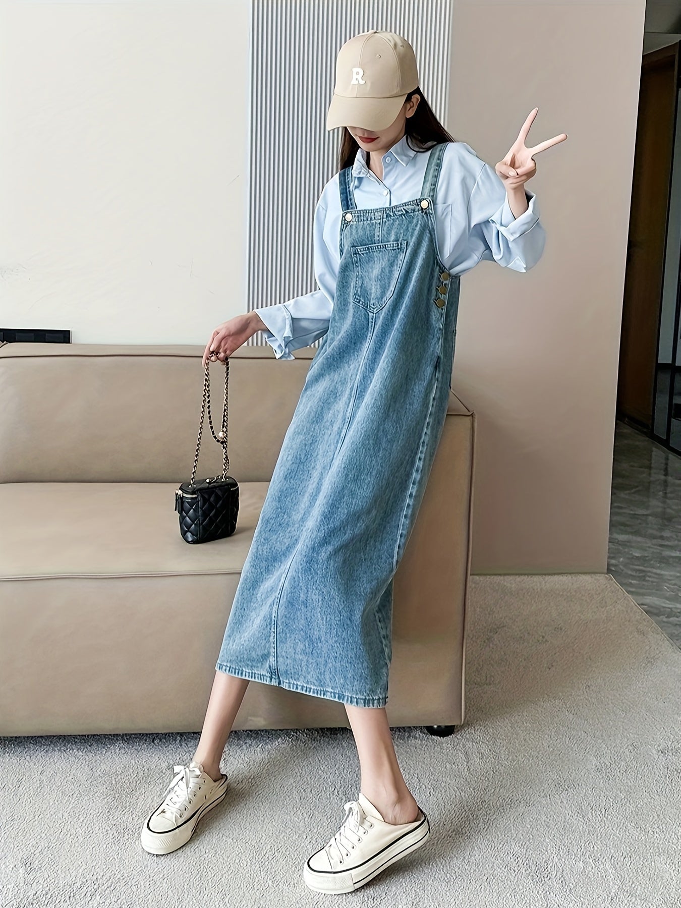 Womens Denim Overall Dress - Relaxed Fit Casual Style, Sleeveless Design, Functional Front Pocket, Versatile Jean Skirt for Perfect Daily Casual Occasions, Ideal for Everyday Wear, Outdoor Activities, and Social Gatherings