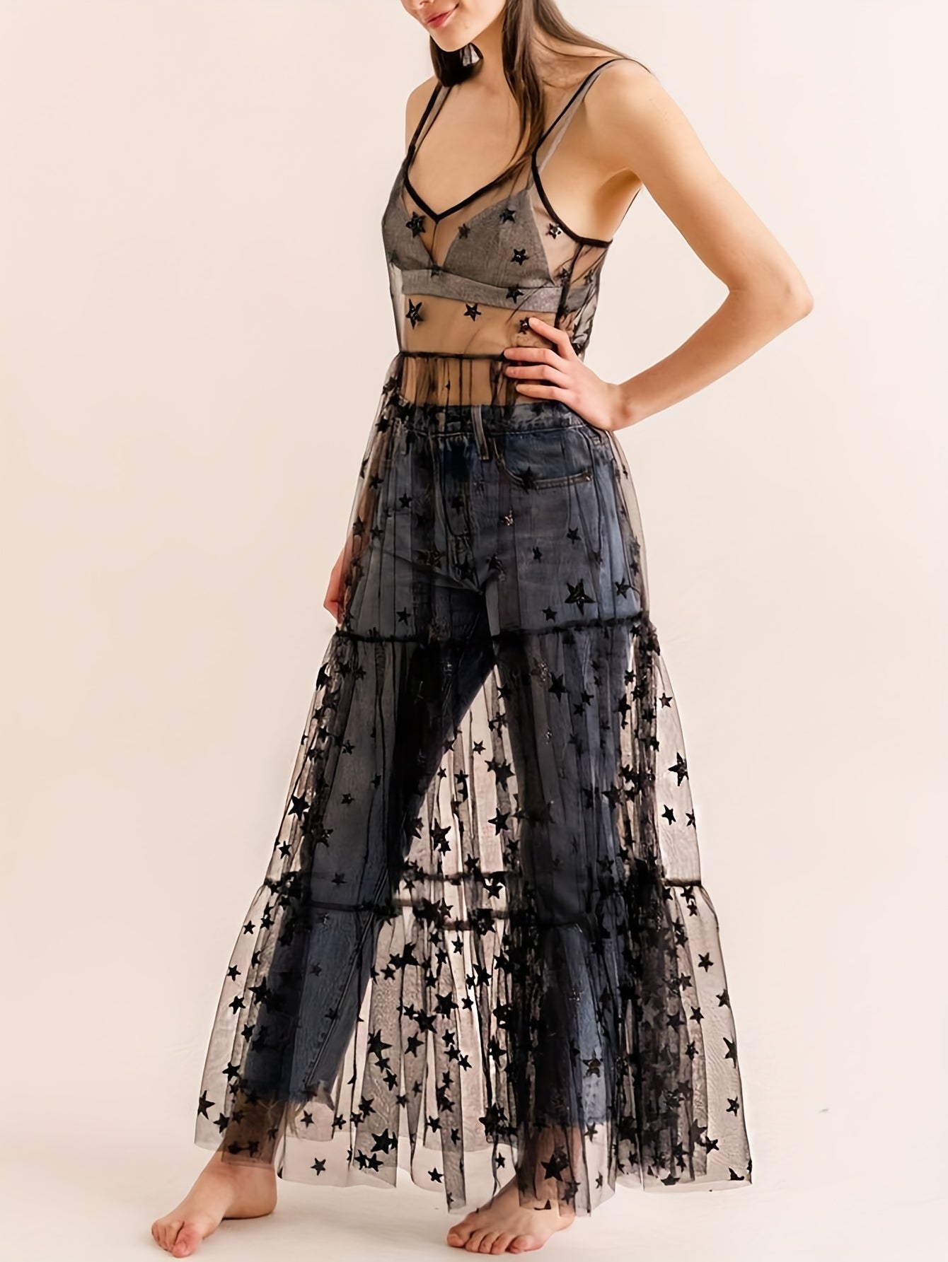 VAKKV Starry Night Sheer Mesh Cover Up Dress - Flirty Ruffles, Spaghetti Straps Cami Style - Womens Beach to Bar Holiday Wear