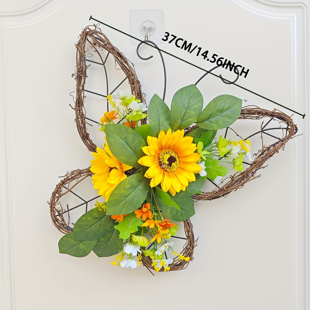 1pc, Spring Wreath, Butterfly Wreath, Sunflower Wreath, For Front Door Decoration, Spring Door Wreath, Spring Farmhouse Wreath, Mother's Day Wreath, Spring, Butterfly, Spring Decoration, Wreath, Autumn Door Decoration, Thanksgiving Wreath