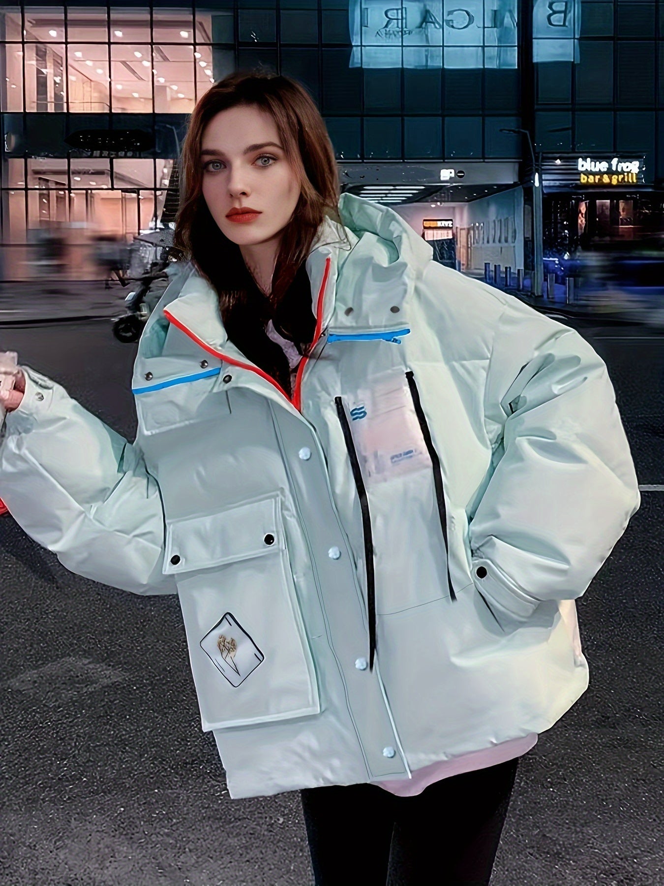Contrast Trim Zip Up Down Jacket, Elegant Long Sleeve Hooded Coat For Winter, Women's Clothing