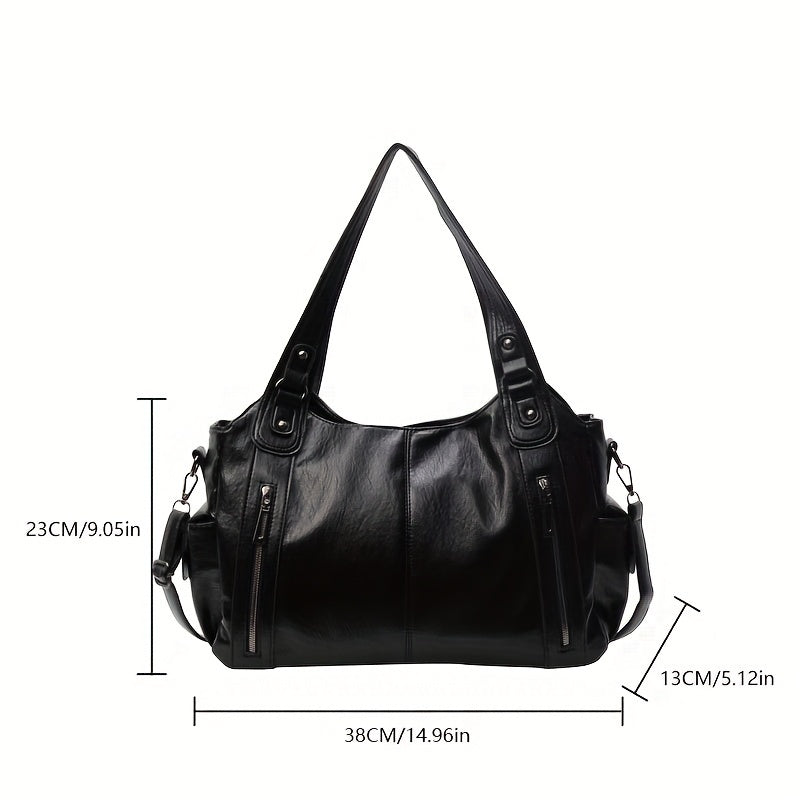 Vintage Chic Large Capacity PU Leather Shoulder Tote Bag - Stylish Women's Crossbody Bag with Maillard Finish, Multiple Pockets, and Adjustable Strap - Black and Coffee Color Options