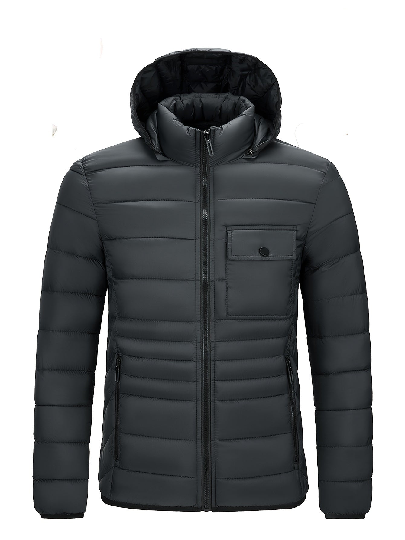 Men's Solid Color Hooded Puff Jacket, Long Sleeve Stand Collar Comfy Warm Trendy Winter Faux Down Coat As Gift
