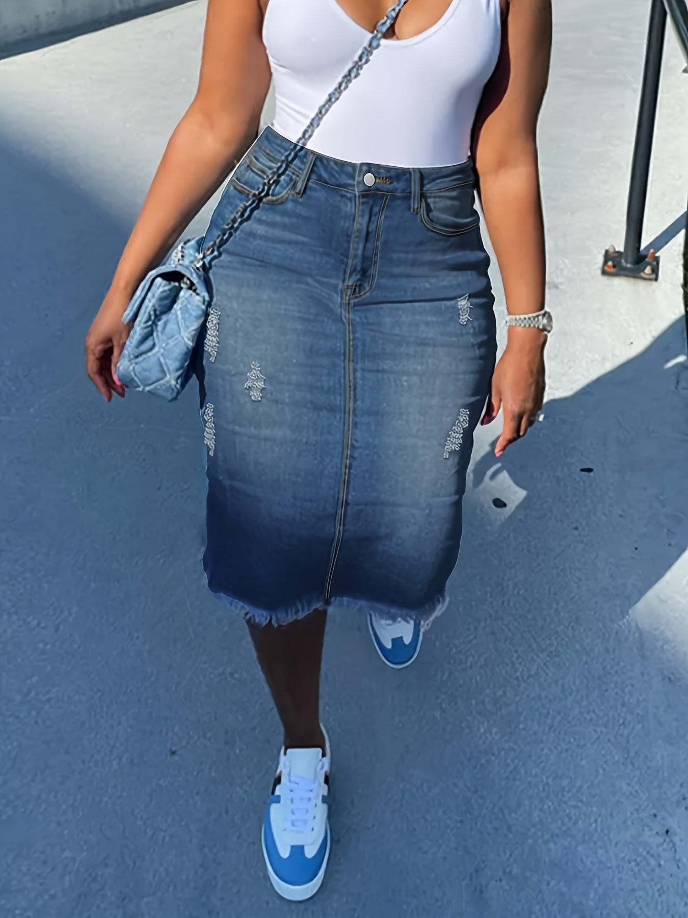 Chic Knee-Length Blue Denim Skirt for Women - Frayed Hem, Ripped Detail, Casual Streetwear Staple for Everyday Fashion