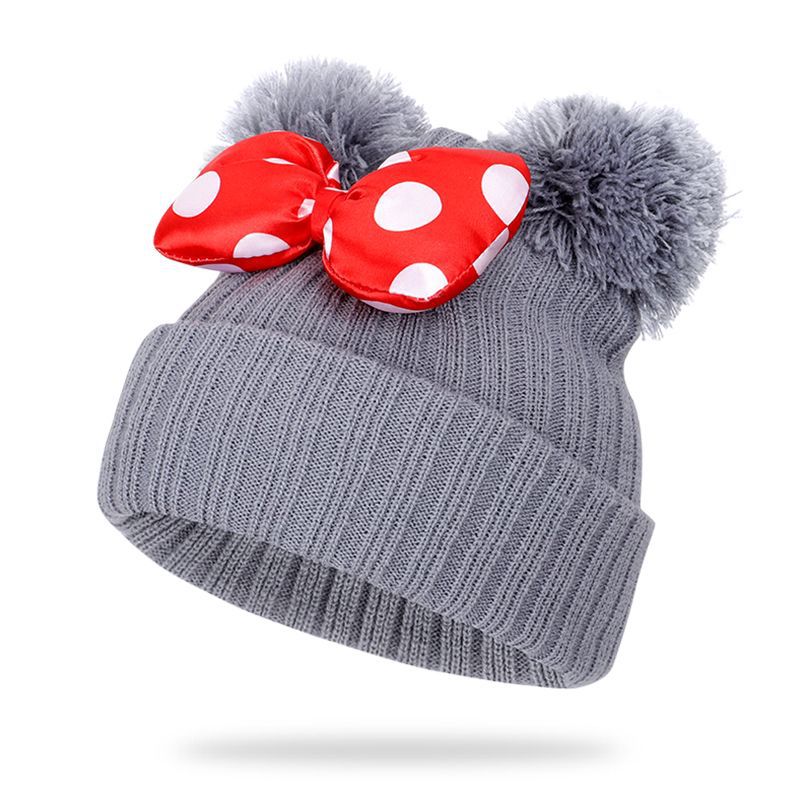 Toddler Beanie With Bow Decor, Knited Hat, Double Pom Pom Polka Dot Warm Winter Cap For Baby Girls