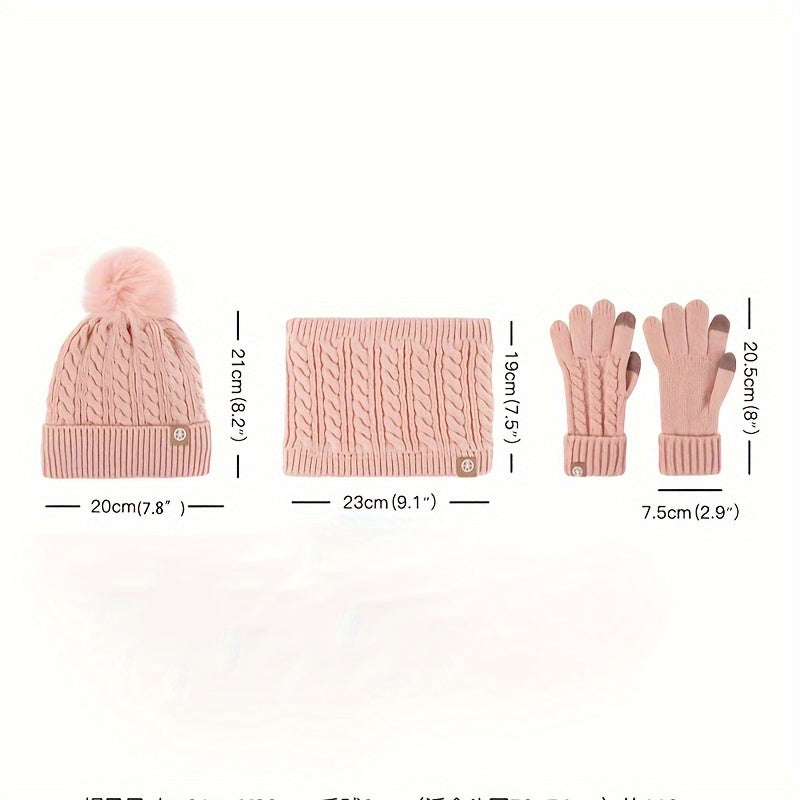 Elegant 3pcs Winter Set for Women: Cozy Fleece-Lined Knit Beanie, Scarf & Gloves - Warm, Windproof & Stylish