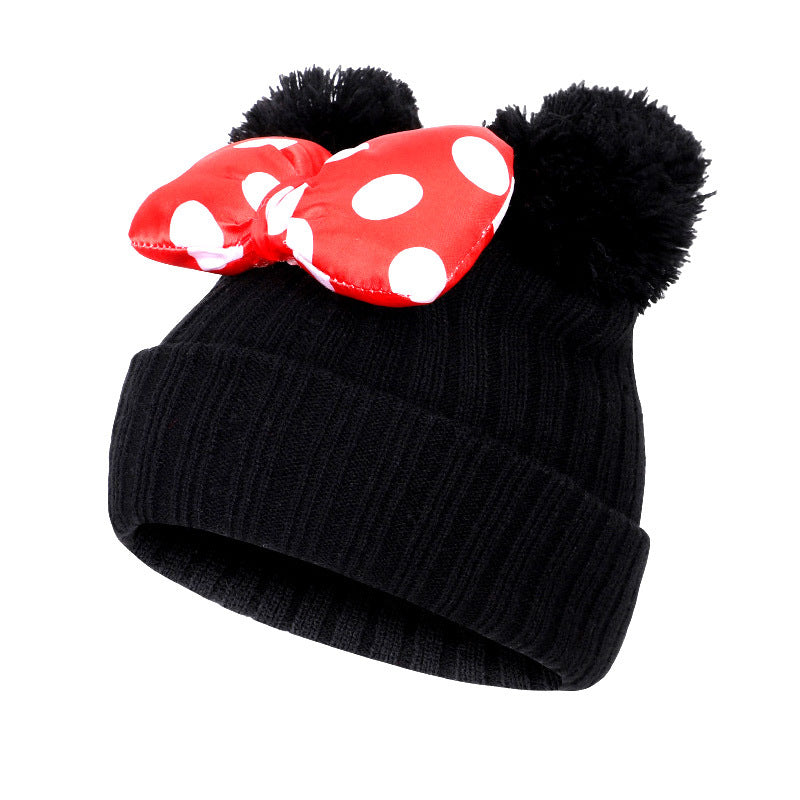 Toddler Beanie With Bow Decor, Knited Hat, Double Pom Pom Polka Dot Warm Winter Cap For Baby Girls