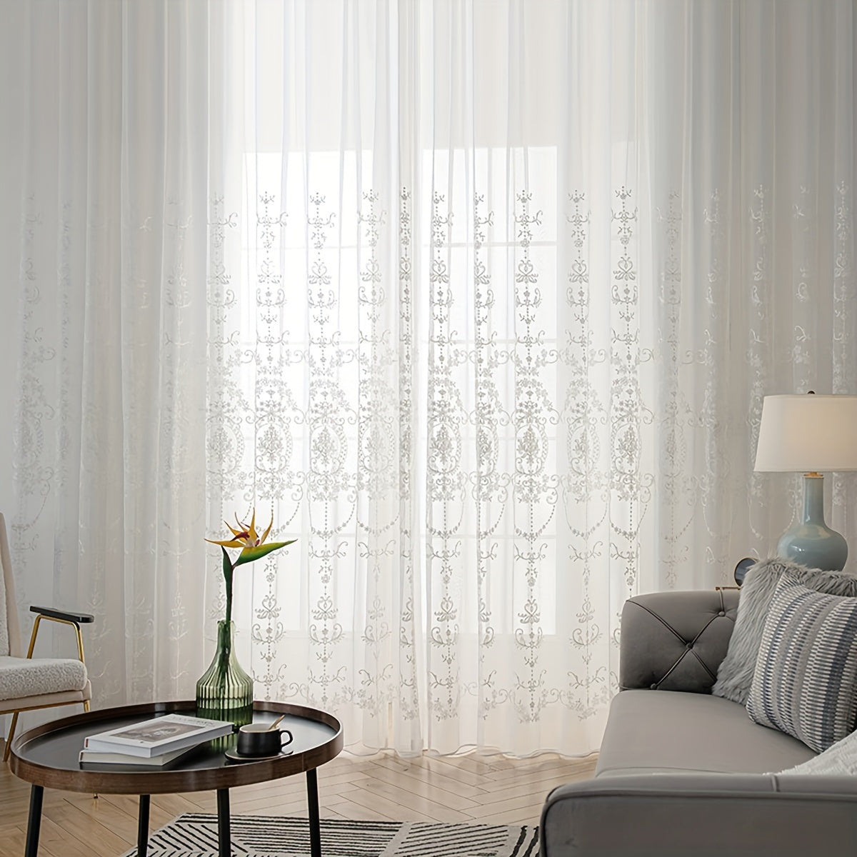 1pc Elegant White Embroidered Sheer Curtain - Simple Geometric Flower Pattern, Rod Pocket Design, Embroidered Yarn Fabric, Filters Soft Light, Adds Elegance to Living Room, Bedroom, Home Decor - Easy Care, Machine Washable