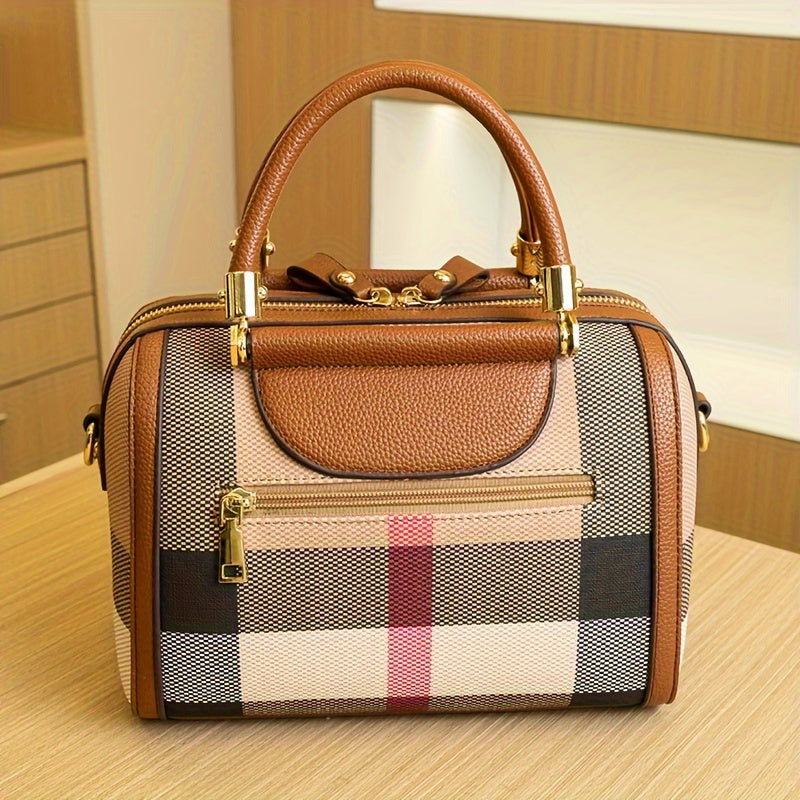 Fashion Checkered Tote Bag for Women | PVC Material with Durable Edge Paint | Versatile Top-Handle with Zipper Closure | Stylish Commuter Handbag with Optional Crossbody Strap