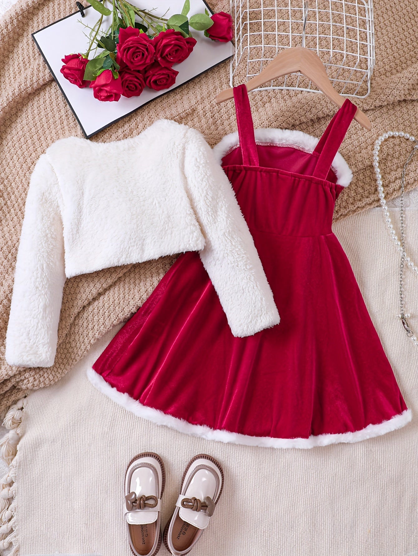 2pcs Plush Long Sleeve Cardigan + Cami Dress Set, Comfy Outfits For Girls, Spring Fall Winter Christmas Gift