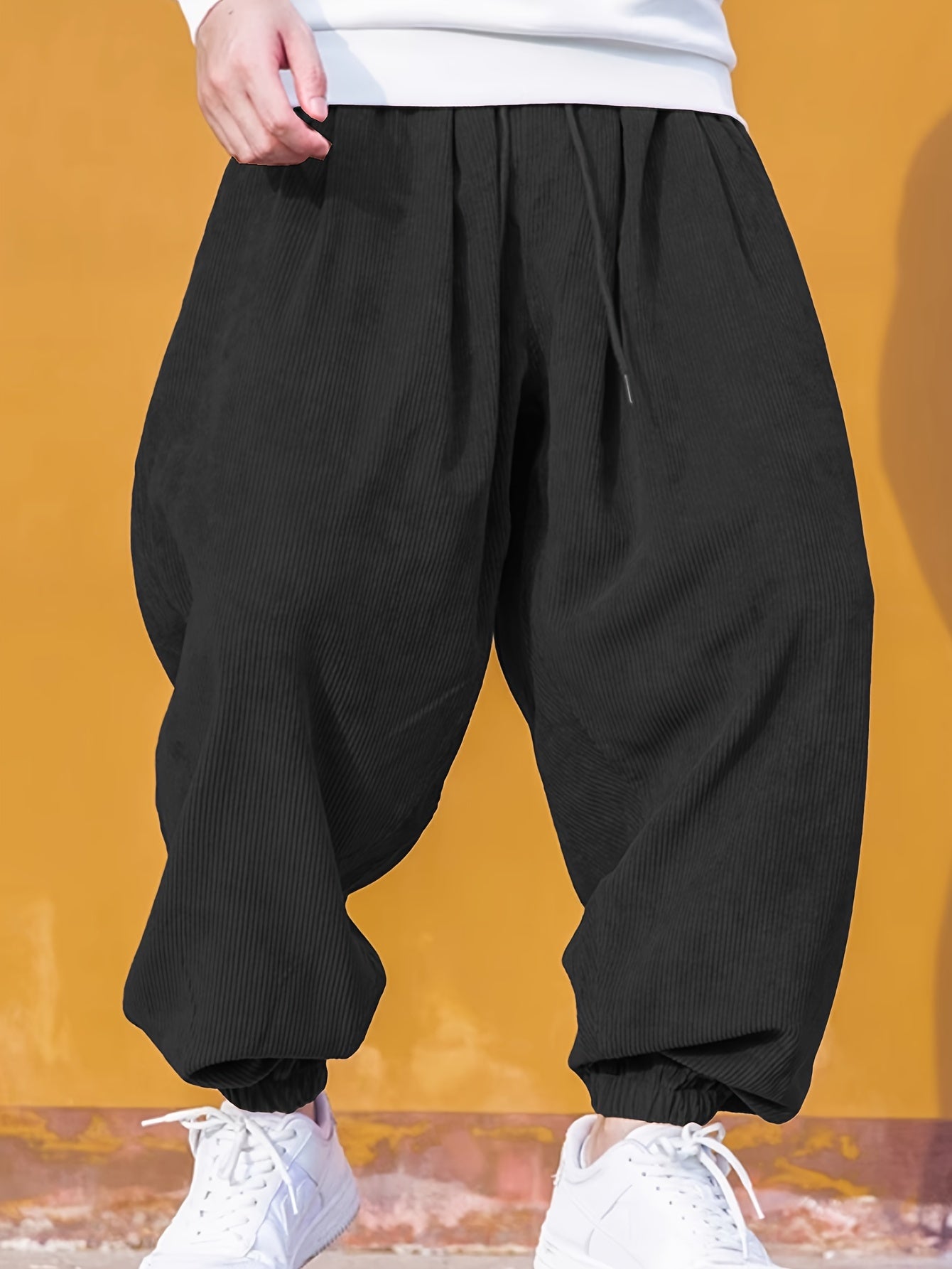 Men's Solid Color Loose Fit Corduroy Pants With Drawstrings, Casual Comfy Outdoor All-season Trousers As Gift