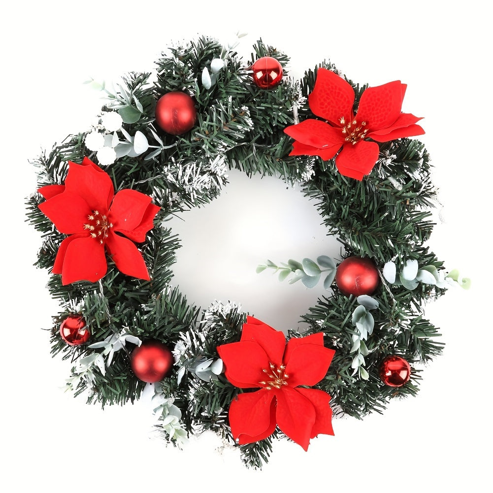 15.7 Inch Christmas Wreath Door Wall Ornament Artificial Wreath, Green Rattan With Red Flower And Ball Decorations And Battery Operated LED Lights For Home Stairs Fireplace Front Porch Door Display Indoor Outdoor Christmas Party Decor