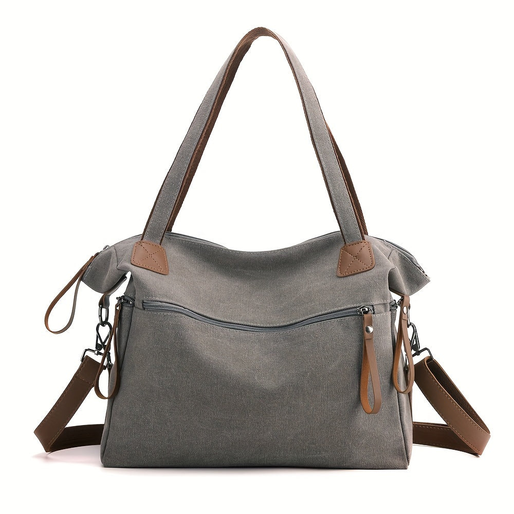 Large Capacity Vintage Style Canvas Tote Bag for Women - Adjustable Strap, Zipper Closure, Polyester Lined, Versatile for Work, Commuting, and Travel