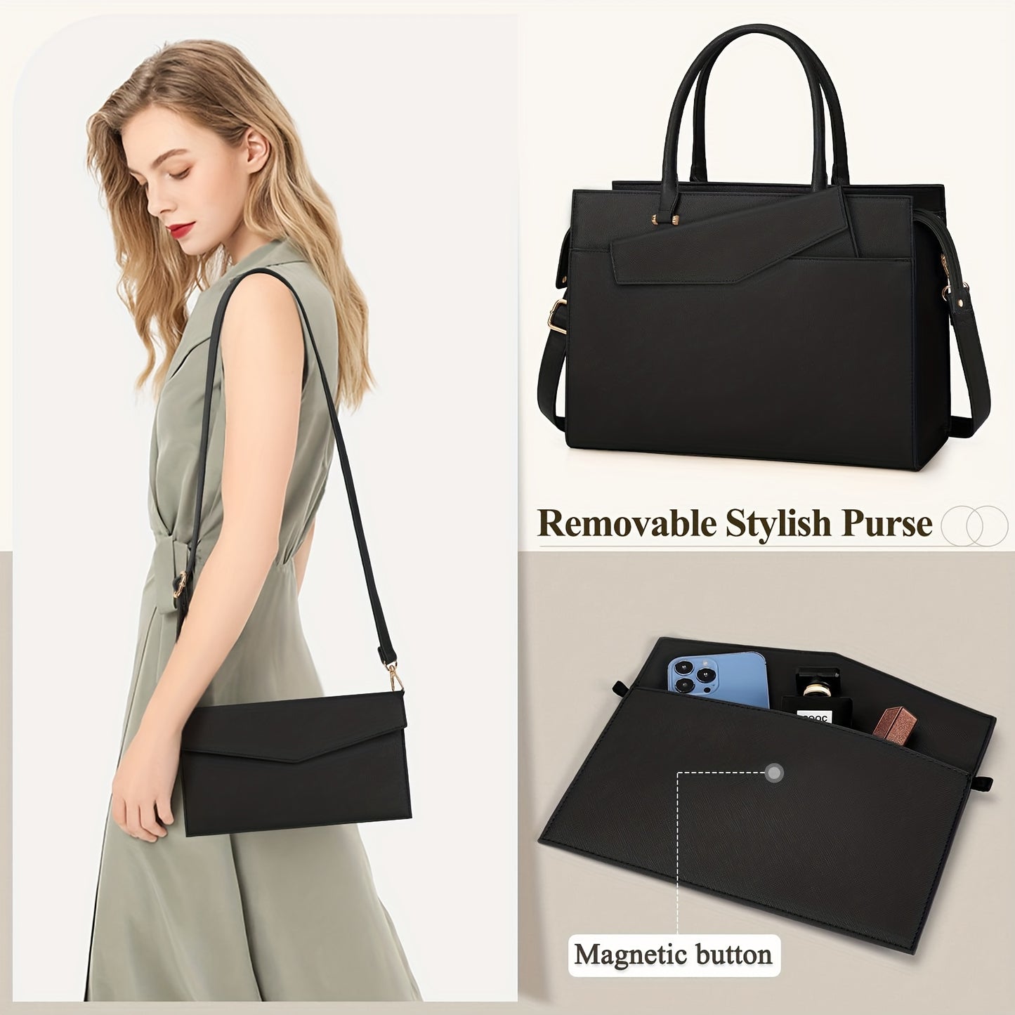 2pcs 15.6 Inch Laptop Bag Set for Women - Professional Work Tote Bag with Clutch Purse, Large Office Computer Bag, Teacher Bag, Shoulder Bag, Black