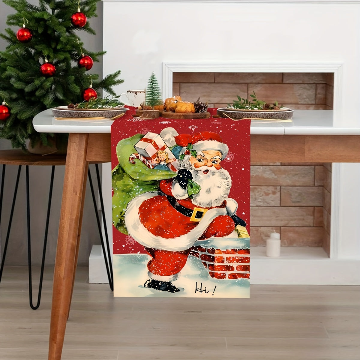 Vintage Country Style Santa Claus Chimney Christmas Table Runner - Polyester, Perfect for Holiday Parties & Home Decor Holiday Decorations