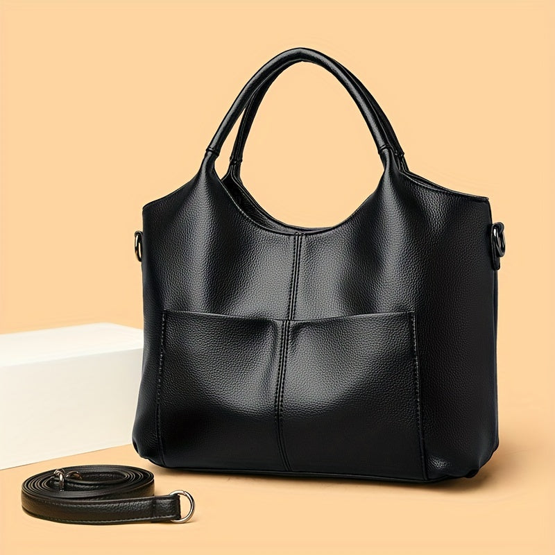 Women's Fashion Tote Handbag New Style - Soft PU Leather, Large Capacity Shoulder Bag with Zipper Closure and Optional Messenger Strap - Elegant and Versatile Ladies Purse - Black