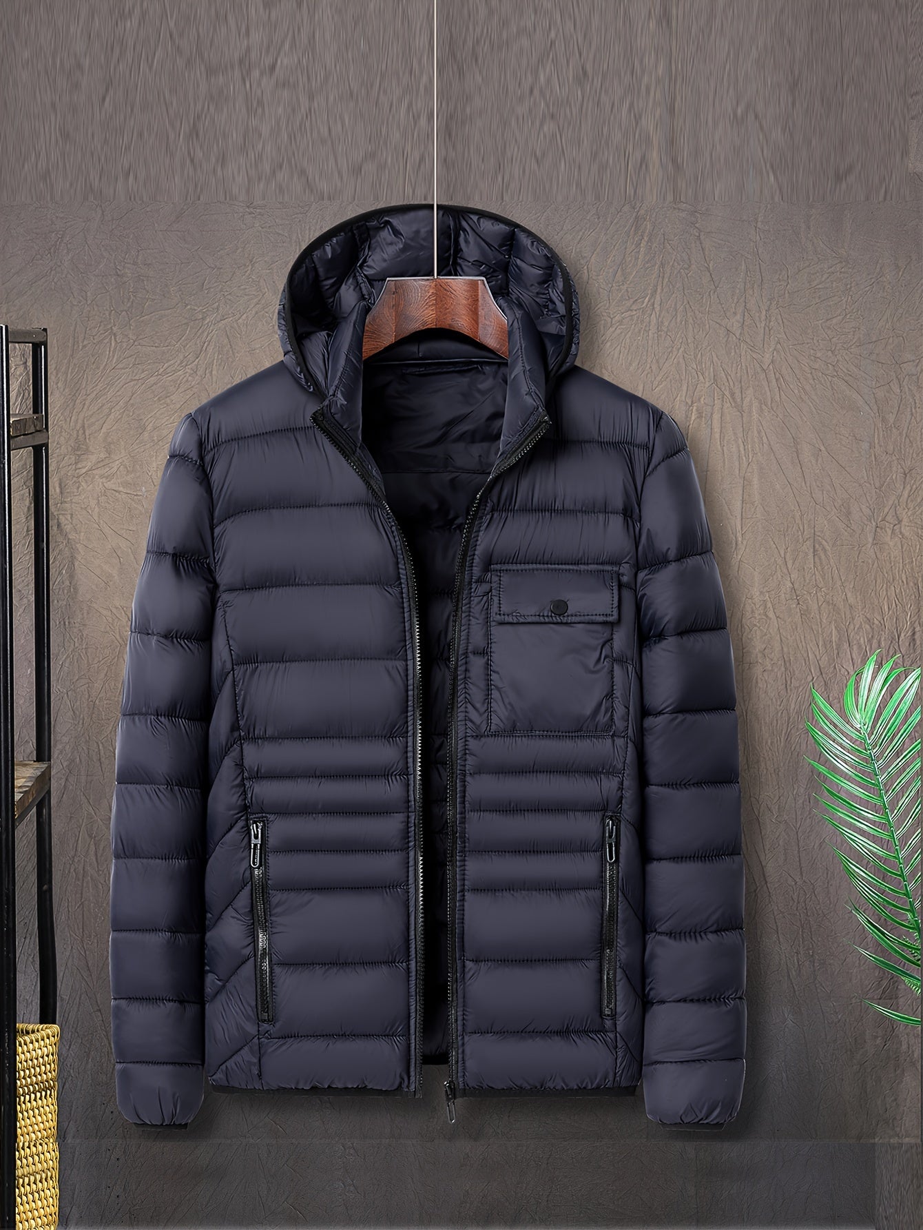Men's Solid Color Hooded Puff Jacket, Long Sleeve Stand Collar Comfy Warm Trendy Winter Faux Down Coat As Gift