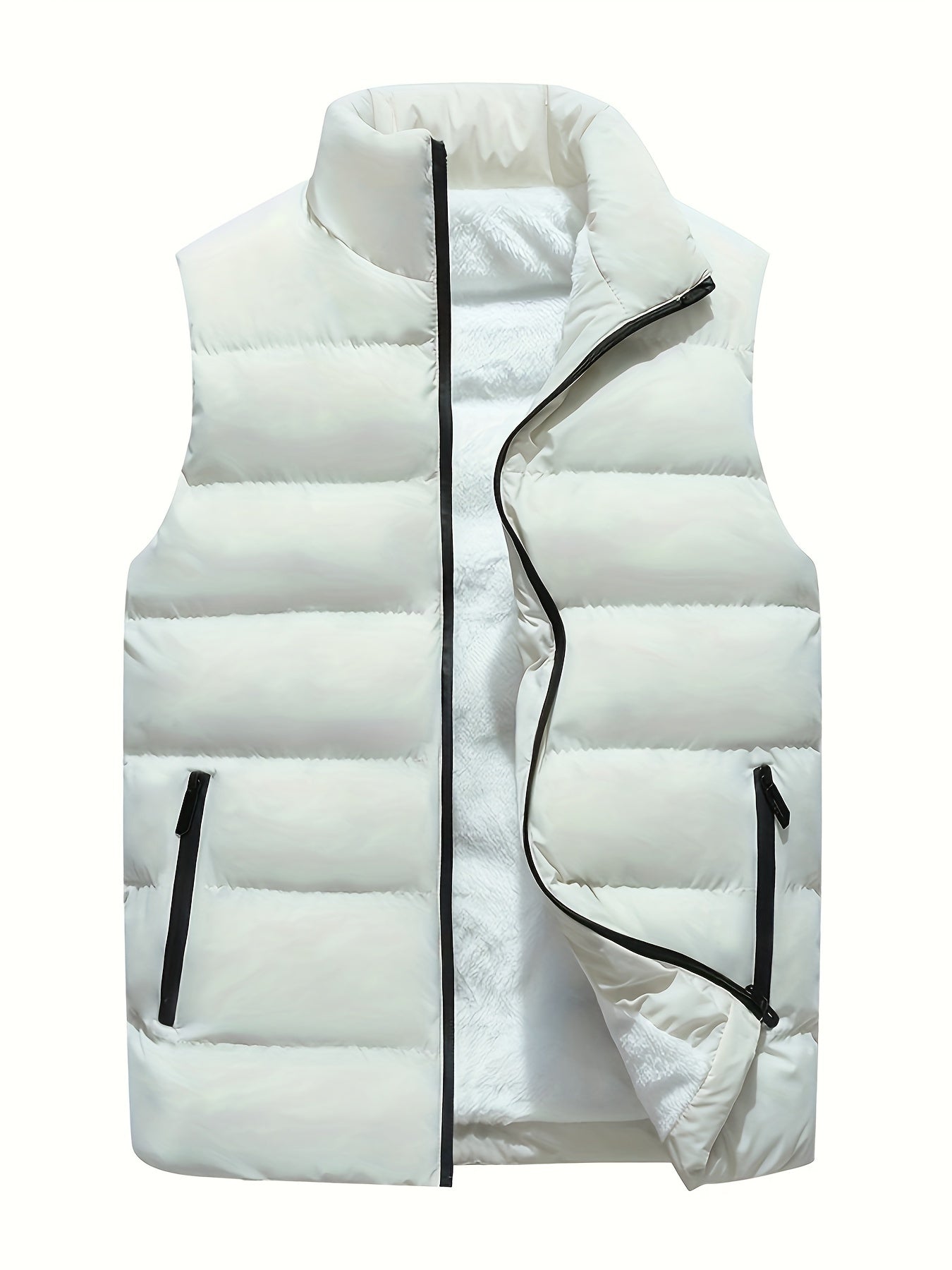 Men's Solid Sleeveless Stand Collar Down Jacket Vest With Zip Up And Pockets, Casual And Warm Tops For Autumn And Winter Wear