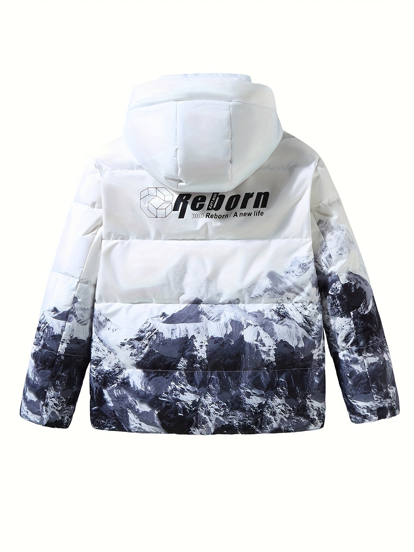 Men's Stylish Mountains Pattern Down Jacket With Pockets, Casual Breathable Zip Up Long Sleeve Warm Hooded Top For Winter City Walk Street Hanging Outdoor Activities