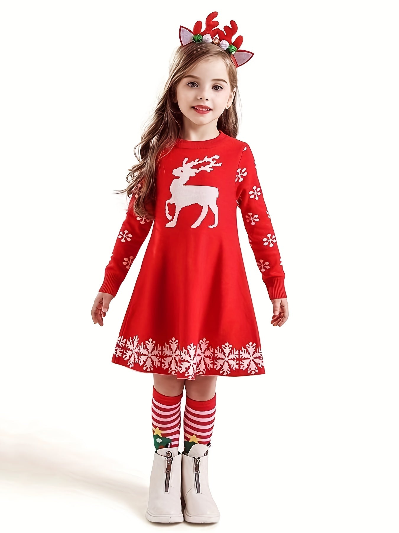 Cozy Girls' Deer Pattern Sweater Dress - Special Occasion, Round Neck, Long Sleeve, Knitted, Christmas Themed, Soft and Warm - Perfect for Holiday Parties
