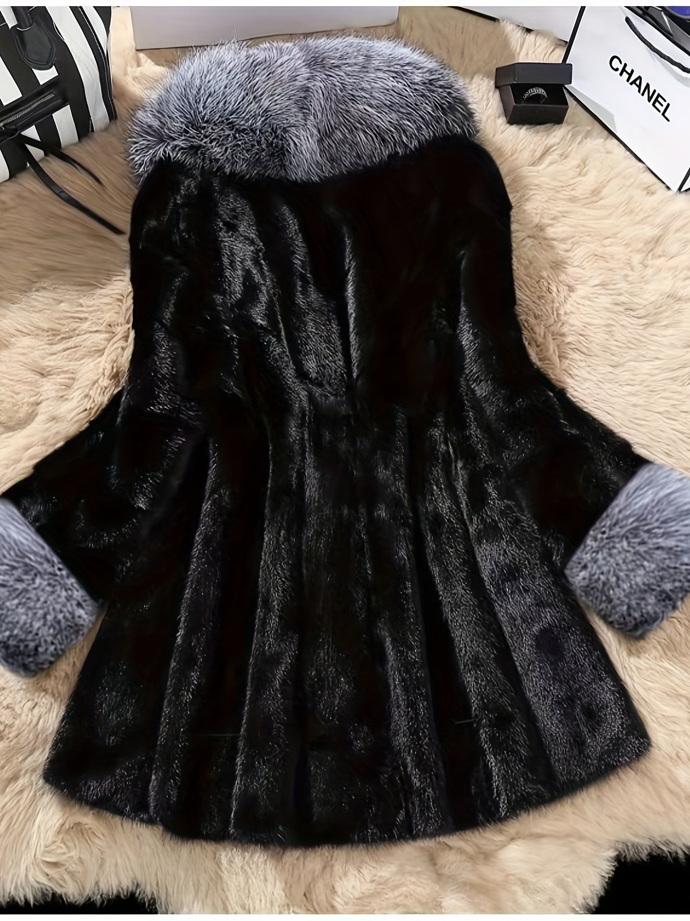 Mid-Length Women's Elegant Faux Fur Coat with Long Sleeve, Collar, Belt, Pockets, and Knit Fabric for Stylish Winter Outerwear