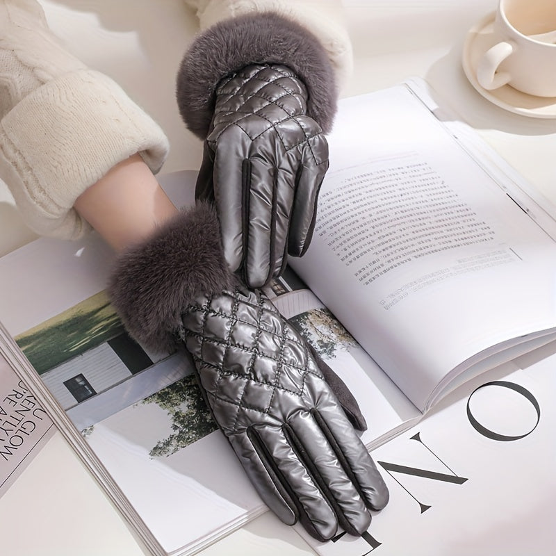 Women's Fashion Quilted Polyester Full Finger Gloves with Faux Fur Trim - Inelastic, Warm, Windproof, Knitted Craftsmanship for Weekend Casual Wear - Pack of 1 Pair