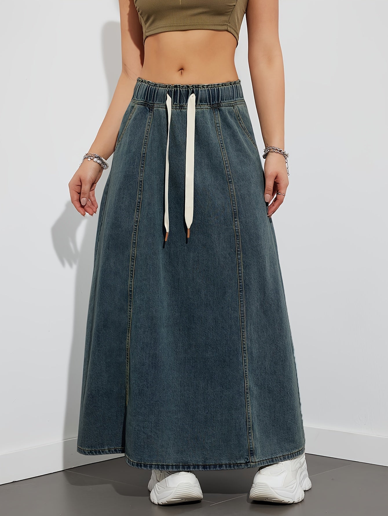 Stylish Women's Maxi Denim Skirt - Drawstring Elastic Waistband, Loose Fit, Plain Washed Blue, Casual Style, Comfortable, Versatile, and Flattering - Perfect for Daily Wear and Outdoor Activities