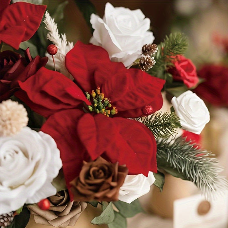 Artificial Christmas Flowers Set, Red Roses & Greenery, DIY Wedding Bouquet, Centerpiece, Home & Kitchen Decor, Plastic, All-Season, for Living Room, Christmas, Halloween, Easter, Thanksgiving, St. Patrick's Day, Rose Type, Tabletop Display, No Power Requ
