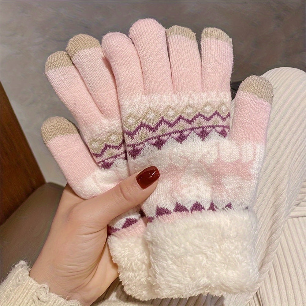 Cozy Fleece-Lined Winter Gloves with Cute Deer Jacquard Design - Touchscreen Compatible, Warm & Windproof for Outdoor Activities
