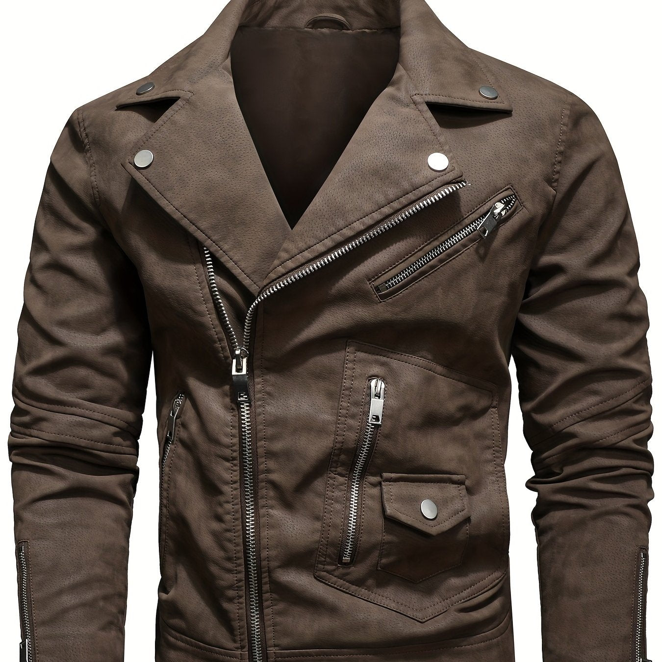Mens Long Sleeve Lapel Thermal PU Leather Jacket with Zipper Pocket - Water-Resistant, Windproof, and Warm for Fall and Winter Outdoor Activities - Perfect for Casual Weekend Getaways and Going Out
