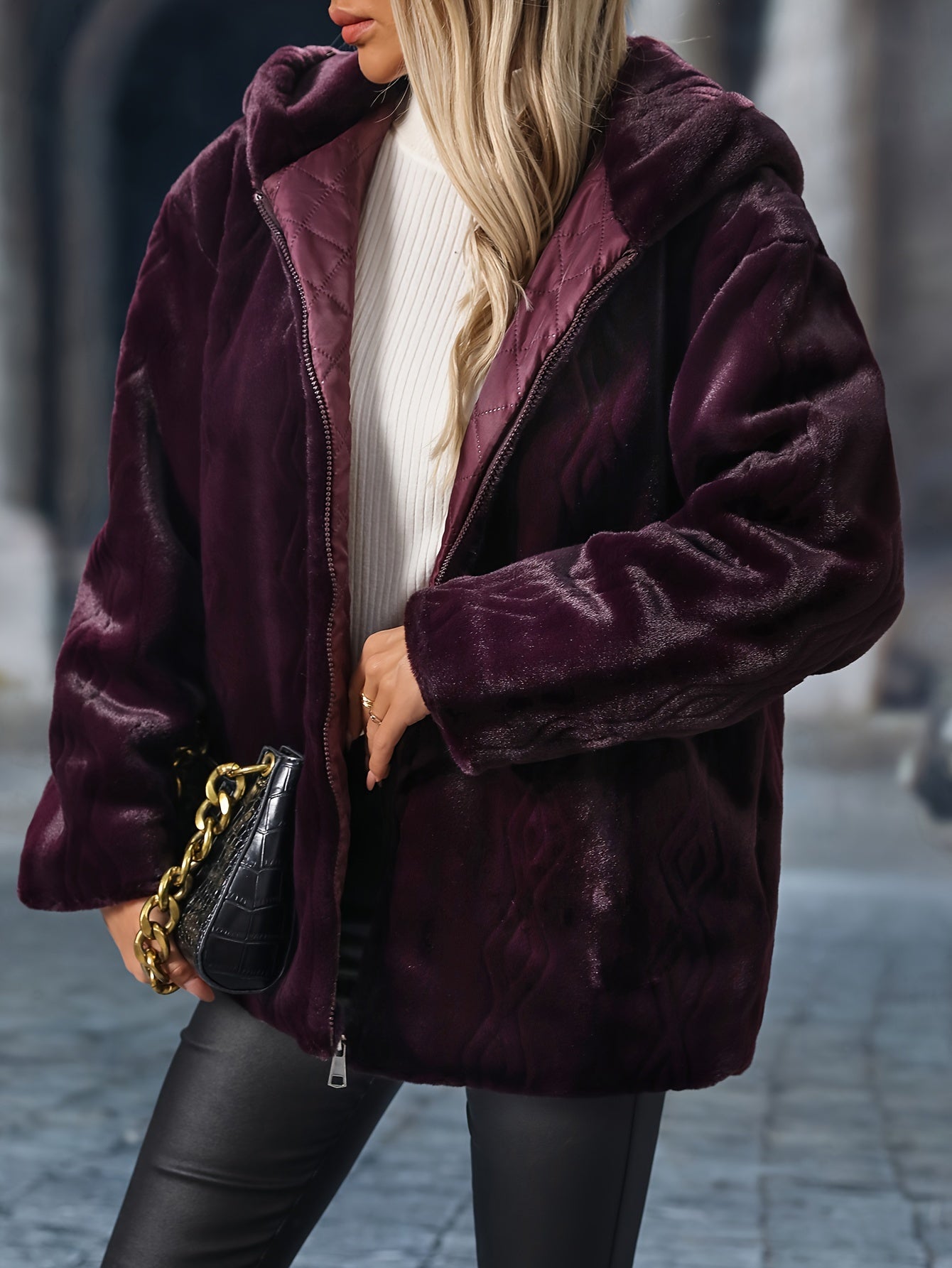 Faux Fur Zip Up Hooded Coat, Elegant Long Sleeve Warm Outerwear For Fall & Winter, Women's Clothing