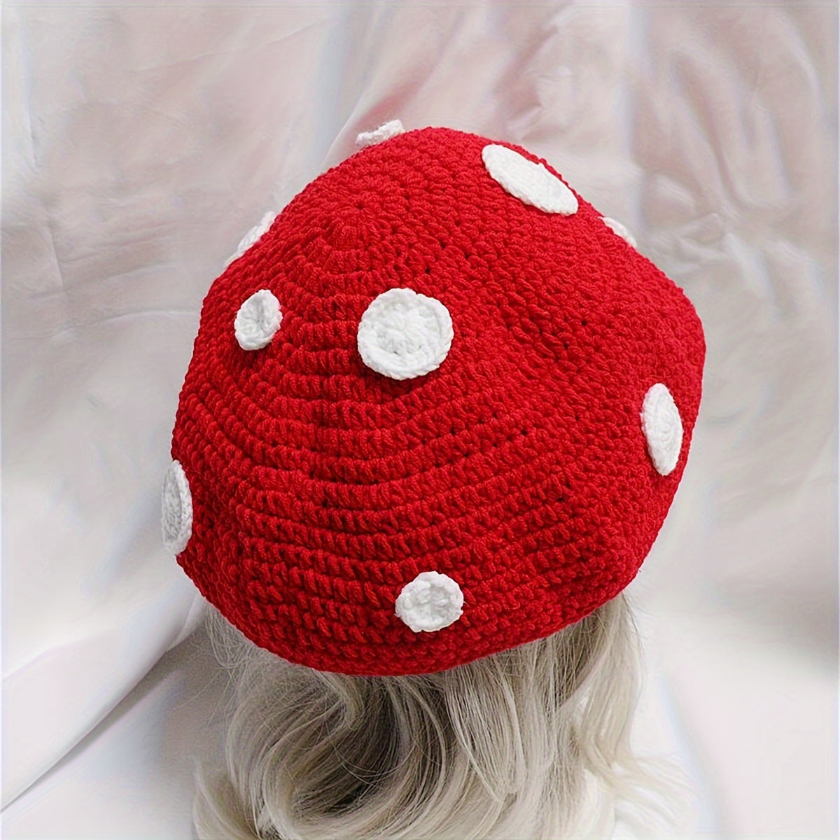 Large Oversized Red Mushroom Cartoon Beret Hat - Soft Lightweight Acrylic Elastic Drawstring Cap with Random Anime Print for Womens Daily Use - Perfect for Christmas Gift