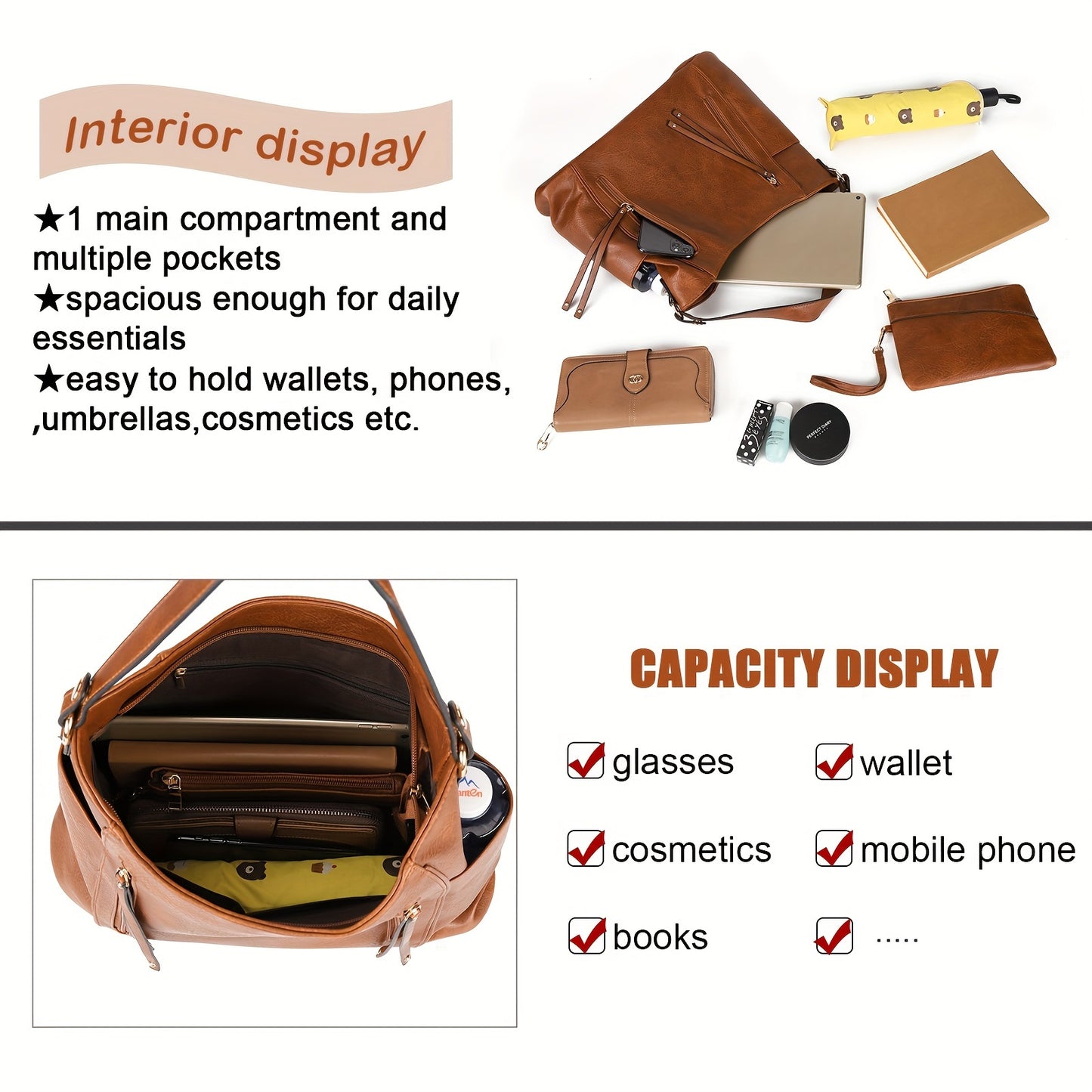 Large Capacity Solid Color Shoulder Bag - Totes for Casual Ladies with Pu Crossbody Design