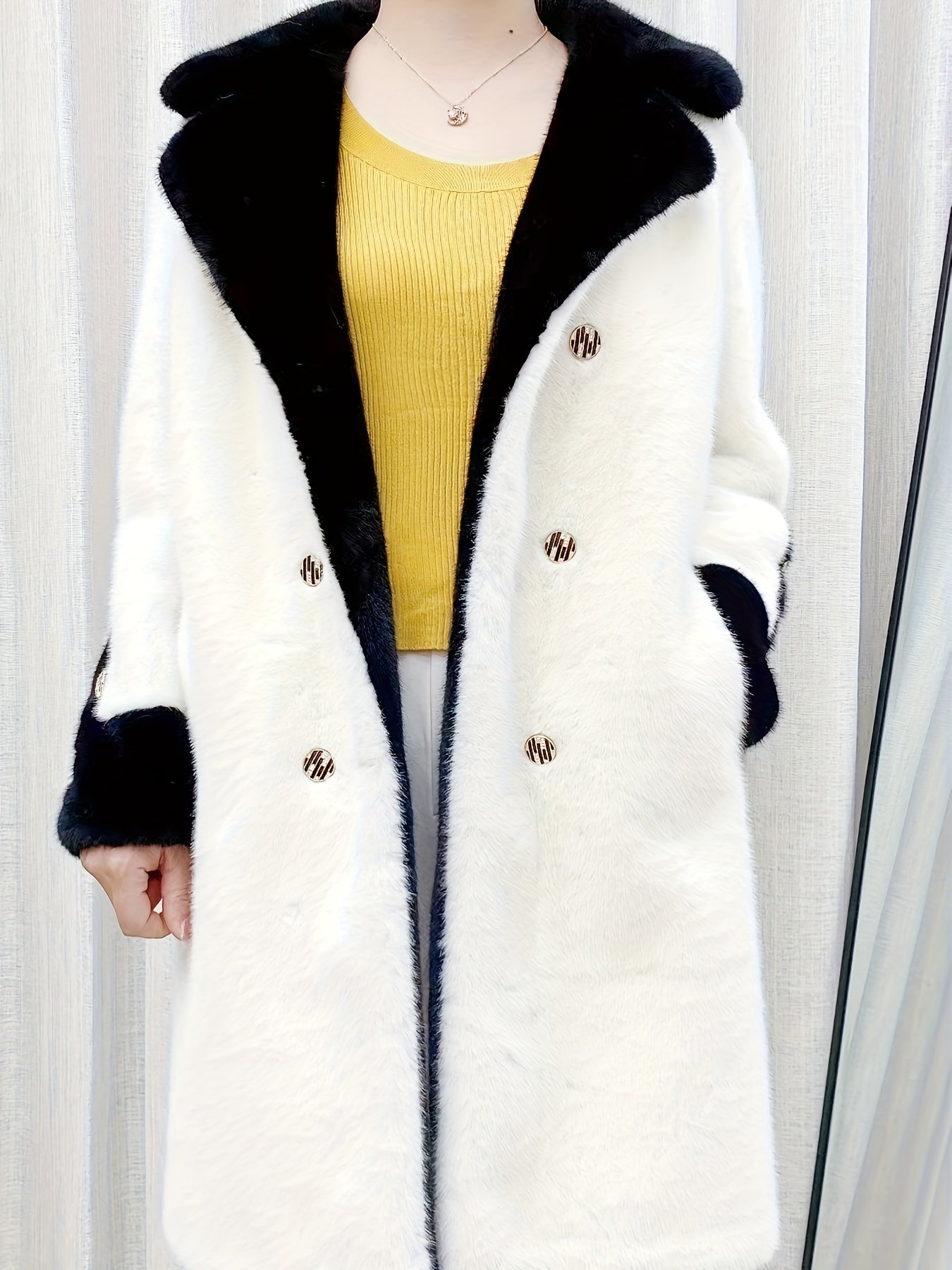 Two-Tone Slant Pocket Faux Fur Coat - Stylish Lapel Neck, Open Front, Warm, Thickened Outerwear for Winter & Fall - Women's Clothing, Chic and Cozy