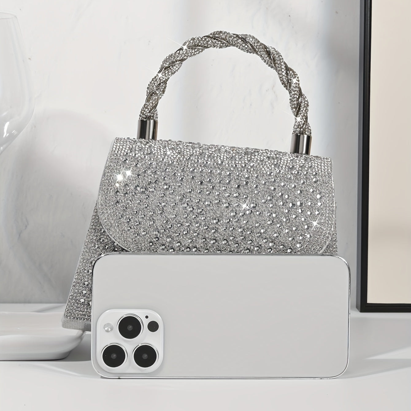 Mini Glitter Rhinestone Satchel Dinner Bag - Shiny Silvery Magnetic Closure Party Flap Handbag with Polyester Lining for Women - Solid Color, Decorative, Sparkling, and Elegant Accessory for Special Occasions