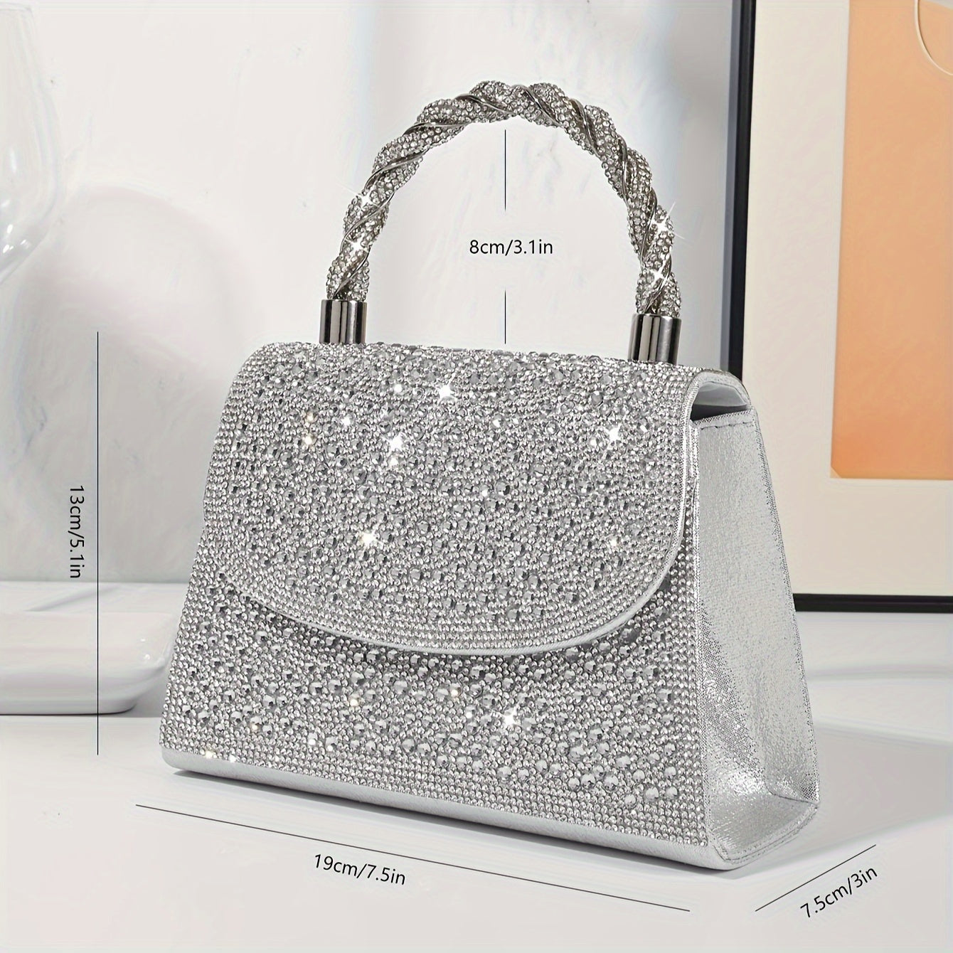 Mini Glitter Rhinestone Satchel Dinner Bag - Shiny Silvery Magnetic Closure Party Flap Handbag with Polyester Lining for Women - Solid Color, Decorative, Sparkling, and Elegant Accessory for Special Occasions