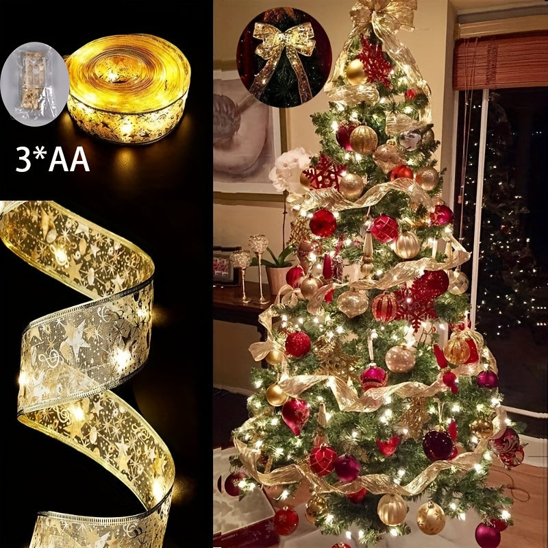 1pc Holiday Streamers - Golden Ribbon Lights, Battery Powered Christmas Tree Decoration with 1/3/5/10m Long Garland for Festive Ambiance (Without Batteries)